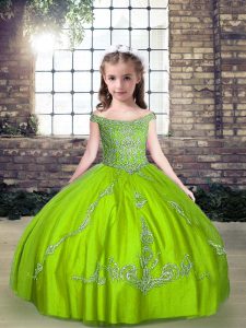 Ball Gowns Off The Shoulder Sleeveless Tulle Floor Length Lace Up Beading Pageant Dress