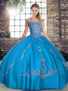 Flare Blue Tulle Lace Up Sweet 16 Dresses Sleeveless Floor Length Beading and Embroidery