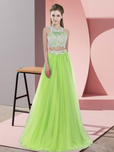 Yellow Green Two Pieces Halter Top Sleeveless Tulle Floor Length Zipper Lace Court Dresses for Sweet 16