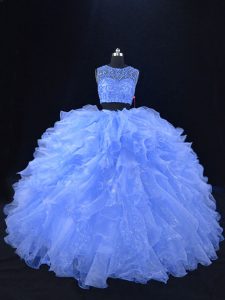 Enchanting Floor Length Two Pieces Sleeveless Blue Quinceanera Gowns Zipper