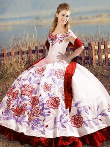 Off The Shoulder Sleeveless Lace Up 15 Quinceanera Dress White And Red Satin