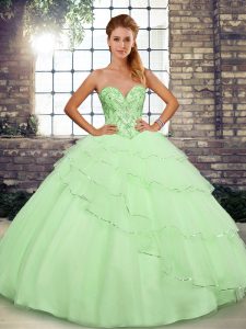 Yellow Green Ball Gowns Sweetheart Sleeveless Tulle Brush Train Lace Up Beading and Ruffled Layers Sweet 16 Dress