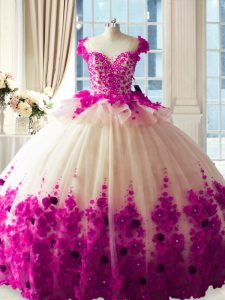 Most Popular Sleeveless Hand Made Flower Zipper Sweet 16 Dress with Fuchsia Brush Train