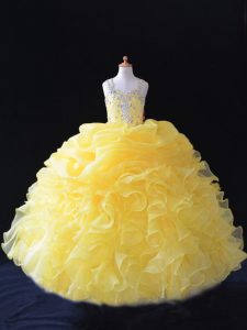 Stunning Yellow Straps Neckline Beading and Ruffles and Pick Ups Little Girl Pageant Dress Sleeveless Zipper