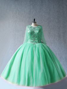 Customized Apple Green Ball Gowns Tulle Scoop Long Sleeves Beading Floor Length Lace Up Sweet 16 Dresses