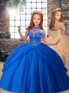 Dramatic Blue and Peach Ball Gowns Tulle High-neck Sleeveless Beading Floor Length Lace Up Girls Pageant Dresses