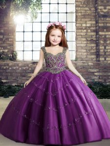 Purple Lace Up Straps Beading Winning Pageant Gowns Tulle Sleeveless