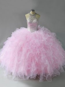 New Arrival Halter Top Sleeveless Sweet 16 Dress Floor Length Beading and Ruffles Pink Tulle