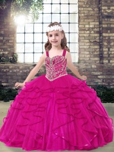 Latest Floor Length Fuchsia Girls Pageant Dresses Straps Sleeveless Lace Up