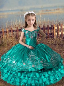 Custom Design Off The Shoulder Sleeveless Pageant Dress for Girls Floor Length Embroidery and Ruffled Layers Turquoise Satin and Organza