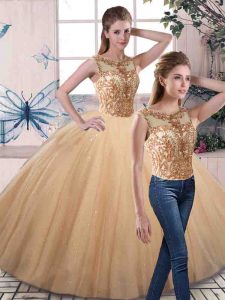 Gold Lace Up Quinceanera Dresses Beading Sleeveless Floor Length