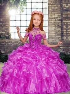 Amazing Lilac Organza Lace Up Pageant Gowns For Girls Sleeveless Floor Length Beading and Ruffles