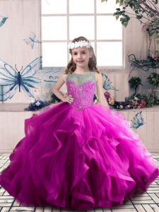 Custom Design Sleeveless Tulle Floor Length Lace Up Little Girls Pageant Dress in Fuchsia with Beading and Ruffles