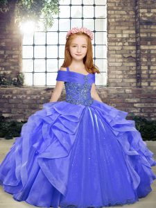 Blue Organza Lace Up Straps Sleeveless Floor Length Little Girl Pageant Dress Beading and Ruffles