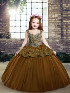 Brown Lace Up Pageant Dress for Girls Beading and Appliques Sleeveless Floor Length