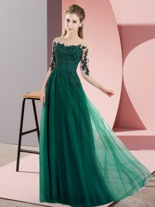 Attractive Dark Green Empire Chiffon Bateau Half Sleeves Beading and Lace Floor Length Lace Up Court Dresses for Sweet 16