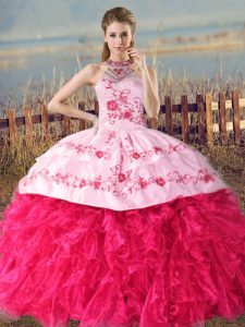 Lace Up 15 Quinceanera Dress Hot Pink for Sweet 16 and Quinceanera with Embroidery and Ruffles Court Train