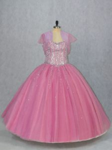 Custom Designed Sweetheart Sleeveless Quinceanera Gowns Floor Length Beading Pink Tulle