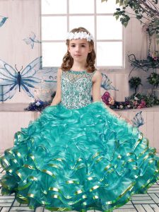 Teal Scoop Lace Up Beading and Ruffles Pageant Dresses Sleeveless