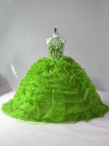 New Arrival Green Sleeveless Organza Court Train Lace Up 15 Quinceanera Dress for Sweet 16 and Quinceanera