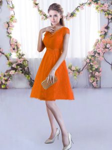 Orange Red Damas Dress Wedding Party with Lace V-neck Cap Sleeves Lace Up