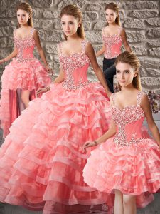 Sophisticated Watermelon Red Organza Lace Up Quinceanera Dresses Sleeveless Court Train Beading and Ruffled Layers