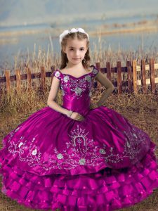 Sleeveless Satin and Organza Floor Length Lace Up Little Girls Pageant Dress in Fuchsia with Embroidery and Ruffled Layers