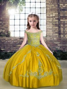 Olive Green Tulle Lace Up Off The Shoulder Sleeveless Floor Length Girls Pageant Dresses Beading