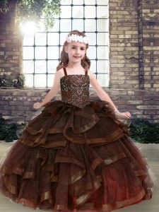 Dramatic Brown Ball Gowns Straps Sleeveless Tulle Floor Length Lace Up Beading and Ruffles Girls Pageant Dresses