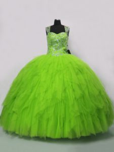 Classical Tulle Lace Up Straps Sleeveless Floor Length Sweet 16 Dresses Beading and Ruffles