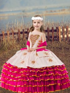 Fuchsia Organza Lace Up Little Girls Pageant Dress Wholesale Sleeveless Floor Length Beading and Embroidery and Ruffled Layers