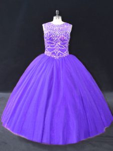 Sleeveless Tulle Floor Length Lace Up Vestidos de Quinceanera in Purple with Beading