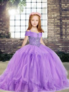 Ball Gowns Kids Formal Wear Lavender Straps Tulle Sleeveless Floor Length Lace Up