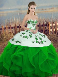 Sleeveless Tulle Floor Length Lace Up Quinceanera Dresses in Green with Embroidery and Ruffles and Bowknot