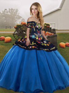 Blue And Black Ball Gowns Off The Shoulder Sleeveless Tulle Floor Length Lace Up Embroidery Ball Gown Prom Dress