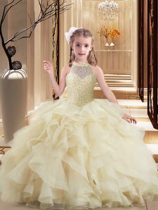 Dazzling Light Yellow Tulle Lace Up High-neck Sleeveless Little Girls Pageant Gowns Brush Train Beading and Ruffles