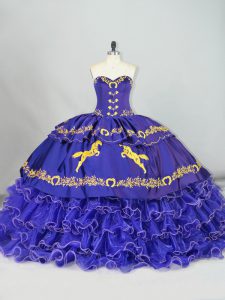 Purple Sleeveless Embroidery and Ruffled Layers Lace Up Sweet 16 Dress