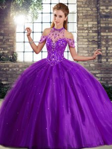 Purple Quinceanera Gown Halter Top Sleeveless Brush Train Lace Up