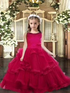 Sleeveless Lace Up Girls Pageant Dresses Red Tulle