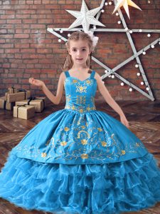 Perfect Baby Blue Straps Lace Up Embroidery and Ruffled Layers Little Girl Pageant Dress Sleeveless