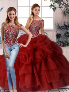 Wine Red Sleeveless Beading and Pick Ups Zipper Vestidos de Quinceanera