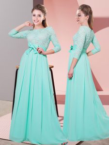 Apple Green Empire Lace and Belt Damas Dress Side Zipper Chiffon 3 4 Length Sleeve Floor Length