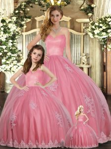 Inexpensive Watermelon Red Ball Gowns Appliques Quinceanera Dress Lace Up Tulle Sleeveless Floor Length