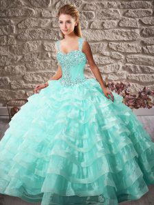 Sleeveless Court Train Beading and Ruffled Layers Lace Up Vestidos de Quinceanera