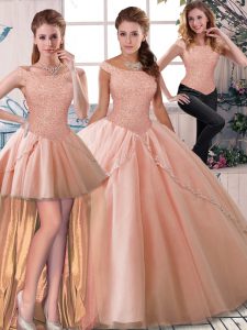 High Quality Tulle Off The Shoulder Sleeveless Brush Train Lace Up Beading Sweet 16 Quinceanera Dress in Peach