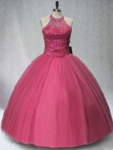 Eye-catching Red Lace Up Quince Ball Gowns Beading Sleeveless Floor Length