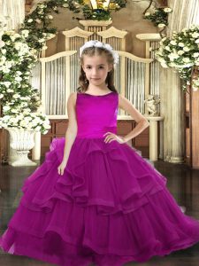 Sleeveless Tulle Floor Length Lace Up Pageant Dress for Teens in Purple with Ruffled Layers