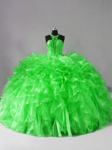 Pretty 15th Birthday Dress Sweet 16 and Quinceanera with Beading and Ruffles Halter Top Sleeveless Brush Train Lace Up