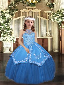 Admirable Blue Tulle Lace Up Child Pageant Dress Sleeveless Floor Length Embroidery