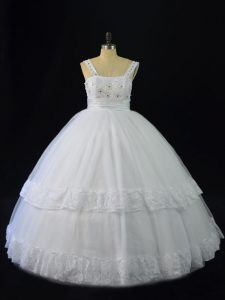 Sweet Sleeveless Tulle Floor Length Lace Up 15th Birthday Dress in White with Beading and Appliques